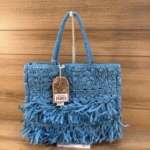 New Handcrafted In India Straw Paper Blue Purse Bag Tote Snap Closure Vacation